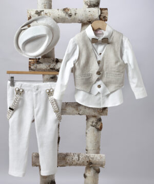 Ρουχαλάκια βάπτισης για αγόρι New life 2523-1 Νο-1,2,3 Ρουχαλάκια βάπτισης για αγόρι - "Ρουχαλάκι για το μικρό σας αντράκι" | Λευκό παντελόνι, μπεζ γιλέκο, άσπρο πουκάμισο, παπιγιόν, καπέλο