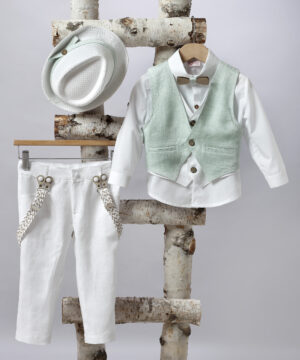 Ρουχαλάκια βάπτισης για αγόρι New life 2523-2 Νο-1,2,3 Ρουχαλάκια βάπτισης για αγόρι - "Ρουχαλάκι για το μικρό σας αντράκι" | Λευκό παντελόνι, πράσινο γιλέκο, άσπρο πουκάμισο, παπιγιόν, καπέλο