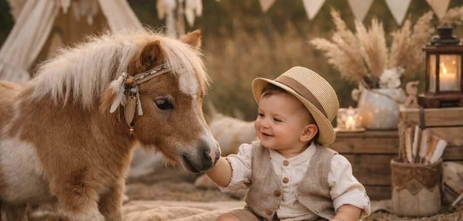 Μικρό αλογάκι δίπλα σε μωρό σε boho σκηνικό βάπτισης με γήινες αποχρώσεις και φυσικά στοιχεία. Boho προσκλητήριο βάπτισης Newage invitations 24b026 rtes