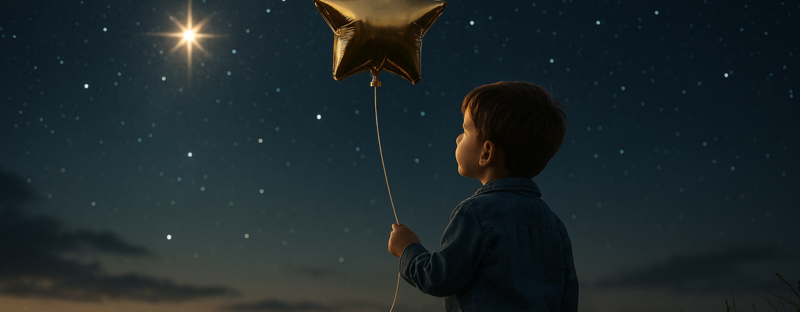 αγόρι με μπαλόνι αστέρι κάτω από νυχτερινό ουρανό – παραμυθένια εικόνα βάπτισης