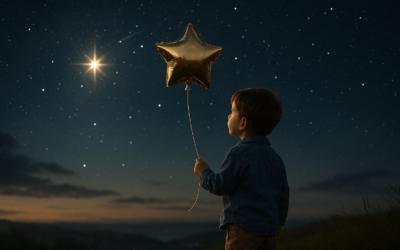 αγόρι με μπαλόνι αστέρι κάτω από νυχτερινό ουρανό – παραμυθένια εικόνα βάπτισης